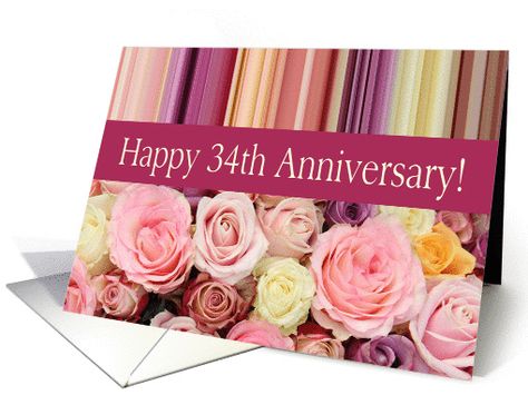 34th Wedding Anniversary Card - Pastel roses and stripes card 37th Wedding Anniversary, 32nd Wedding Anniversary, 41st Wedding Anniversary, 17th Wedding Anniversary, 24th Wedding Anniversary, 12th Wedding Anniversary, 70th Wedding Anniversary, 21st Wedding Anniversary, 11th Wedding Anniversary