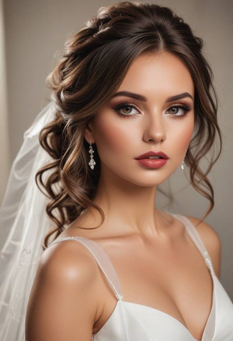 Bridal Hair For Square Face, Christmas Bridal Makeup, Romantic Bride Makeup, Hollywood Glam Bridal Makeup, Winter Wedding Bridal Makeup, Fall Wedding Makeup For Bride Brown Eyes, Wedding Makeup For Brown Eyes Natural, Boho Wedding Makeup Brunette, Bride Make Up Brown Eyes