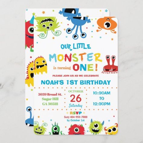 $3.09 | Vibrant Cute Little Monsters Boy 1st Birthday #1st birthday party invite, vibrant colorful, primary colors, red blue yellow green orange, monster bash, first birthday, boy birthday party, monster invite, cute little monsters, our little monster turning one Monster Birthday Party Ideas, Twin Birthday Ideas, Monster First Birthday, Monster Invitations, Orange Monster, Little Monster Birthday, Monster 1st Birthdays, Happy Monster, Monster Birthday Party