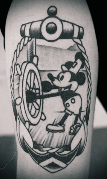 Steamboat Willy - adorable Disney Tattoos For Men, Mickey Mouse Tattoo, Disney Sleeve Tattoos, Mouse Tattoos, Disney Tattoo, Steamboat Willie, Tattoo Zeichnungen, Tattoos Skull, Princess Belle