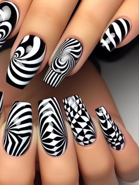 A bold black and white nail design inspired by optical illusions, with mesmerizing patterns that play tricks on the eyes. (2) Harlequin Nails, Optical Illusion Nails, Black And White Nail Design, Bb Nails, White Nail Design, Black And White Nail, Black And White Nail Designs, Art 2024, White Nail Designs