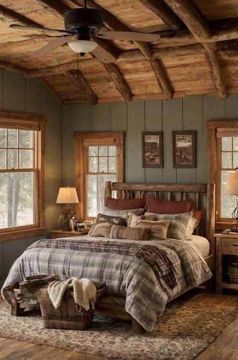 Lodge Cabin Bedroom, Painting Log Cabin Walls White, Cozy Cabin Ideas Rustic, Cabin Style House Interiors, Mountain Cabin Renovation, Cabin Core Aesthetic Bedroom, Cozy Cabin Bedding, Country Living Room Decorating Ideas Cozy Cabin Master Bedrooms, Old Rustic Bedroom