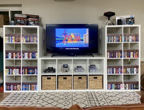 Gaming Console Setup Tv Stands, Video Console Storage, Gaming Cabinet Ideas, Video Game Area In Living Room, Organize Video Games, Game Room Bookshelves, Tv And Game Console Set Up, Ikea Video Game Storage, Game Console Organization Living Room