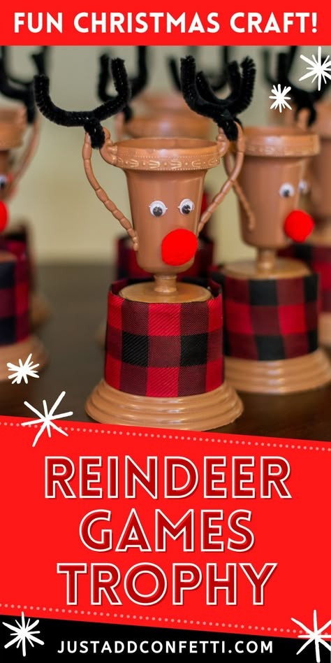 Send all of your guests home with a fun Reindeer Games trophy. This is such a fun Christmas craft and a cute Christmas party favor. This DIY craft is very easy to make too! Head to justaddconfetti.com for the step-by-step instructions and be sure to check out all of my other Christmas party ideas and Christmas gift ideas. Family Trophy Ideas, Diy Winter Carnival Games, Christmas Party Contests, Cheerleader Christmas Party, Prizes For Christmas Games, Christmas Party Kids Games, Christmas Crafts For Party, Christmas Reindeer Games, Christmas Pep Rally Games