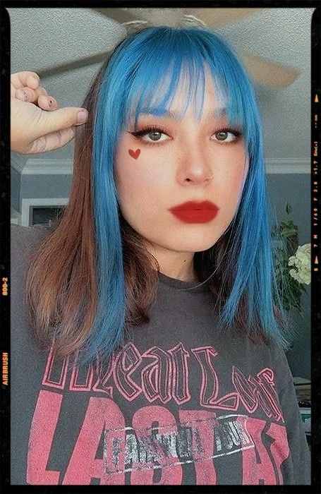 Long Blue Bangs with Medium Hair Blue Hair With Bangs, Blue Brown Hair, Sky Blue Hair, App Filter, Dark Blue Hair, 2023 Hair, Airbrush App, Bangs With Medium Hair, Hair 2024