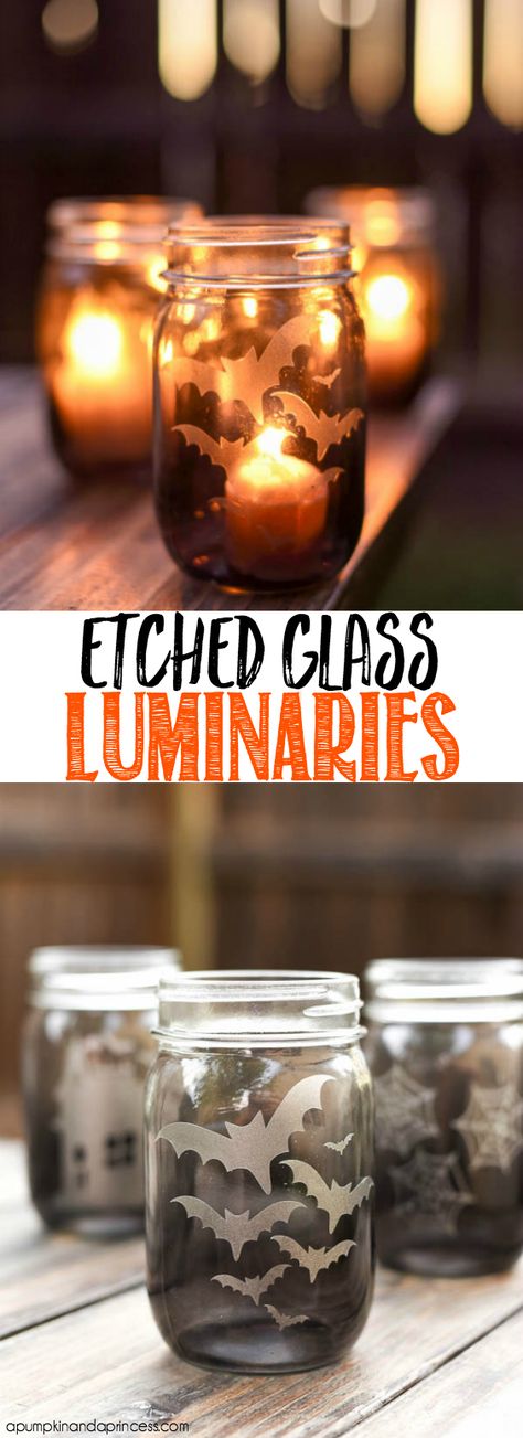 Etching Glassware Diy, Etched Mason Jars, Glass Etching Diy, Etching Diy, Glass Etching Projects, Mason Jar Luminaries, Halloween Mason Jars, Mason Jar Projects, Glass Engraving