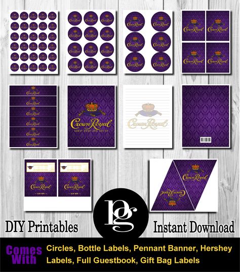 Crown Royal Printable $14.95 matchmypartytheme.com Crown Royal Party Decorations, Crown Royal Party Ideas For Men, Crown Royal Birthday Ideas For Men, Crown Royal Birthday Party, Ideas For Crown Royal Bags, Crown Royal Invitations, Crown Royal Tumbler, Diy Birthday Party Favors, Royal Birthday Party