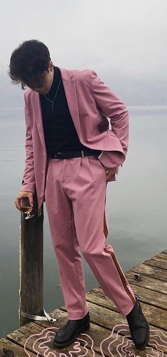 Impressive Valentine’s Day Outfits for Men Pink Hoco Outfit Men, Pink Barbie Outfits Men, Mens Pink Clothes, Pink Coat For Men, Pink Wedding Outfit For Men, All Pink Men Outfit, Pink Men Outfit Aesthetic, Pink And Black Male Outfit, Barbie Fits Men