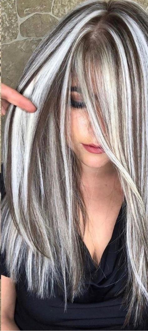 Platinum With Highlights, Silver Hair With Brown Lowlights, Two Tone Silver Hair, Silver With Brown Hair, 2023 Over 50 Hair, White Hair With Brown Highlights, Blonde Hair With Dark Peekaboos, Silver Hair Dark Lowlights, Heavy Platinum Highlights On Brown Hair