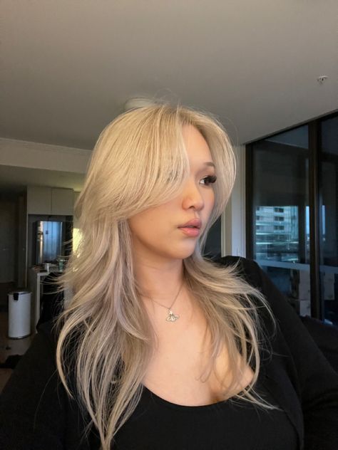 thatgirl, korean hairstyle, asian hairstyle, korean hair inspo, long layered haircut, long layered hairstyle, long wolfcut, long layers, haircut, hairstyle, salon blowout, blowout hairstyle, tiktok hair inspo, tiktok hair, tiktok, itgirl hairstyle, kpop hairstyle, kpop haircut, blonde hairstyls, bleached blonde hair, bleach, blonde, blond, korean blonde, blonde girl, asian blonde, asian blonde haircolour, asian blonde hairstyle, japanese hairstyle, girl hairstyle, y2k, glam hairstyle, blowout Blonde Hush Cut, Wolfcut Blonde Hair, Long Blonde Wolf Cut, Blonde Wolf Cut Long, Bleached Asian Hair, Wolf Cut Korean, Japanese Wolf Haircut, Asian Bleached Hair, Medium Length Haircut V Shape