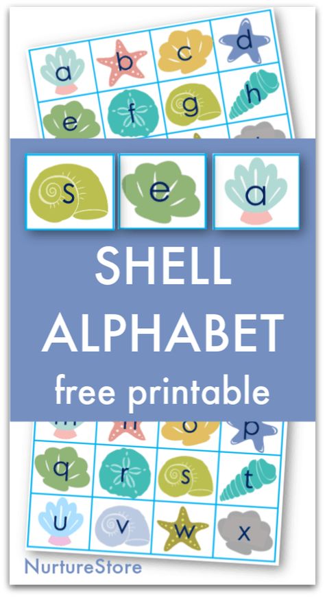 Seashell alphabet free printable for ocean themed literacy activities - NurtureStore Shells Preschool Activities, Ocean Alphabet Letters Free Printable, Seashell Printable Free, Beach Theme Preschool Activities Free Printable, Under The Sea Literacy Activities, Beach Literacy Activities Preschool, Ocean Literacy Activities, Ocean Life Preschool Activities, Ocean Preschool Activities