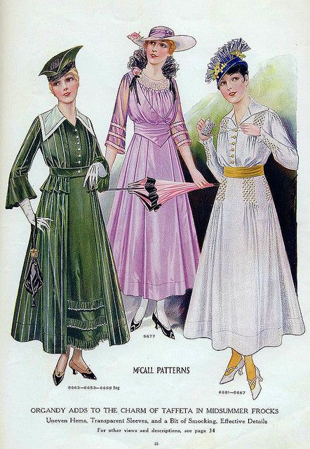 August 1915, summer frocks. There is a considerable difference between 1914 skirts and the next year, those skirt from previous years were too tight to work on them, and during the war, women needed more comfortable outfits. 1910s Fashion Women, 1915 Dress, 1915 Fashion, Fashion 1910, 1900s Fashion, 1910s Fashion, 1920 Fashion, Fashion Illustration Vintage, Three Women