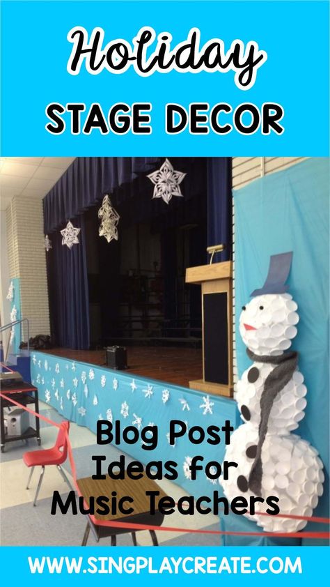 Get some innovative Holiday Music Concert and Classroom decor ideas for your holiday music concert in this blog post. Christmas Concert Stage Decor, Holiday Concert Decorations, Winter Concert Stage Decorations, Holiday Stage Decorations, Christmas Concert Backdrop, Christmas Concert Decorations Stage, Music Christmas Bulletin Board, Winter Stage Decor, Music Christmas Door Decorations