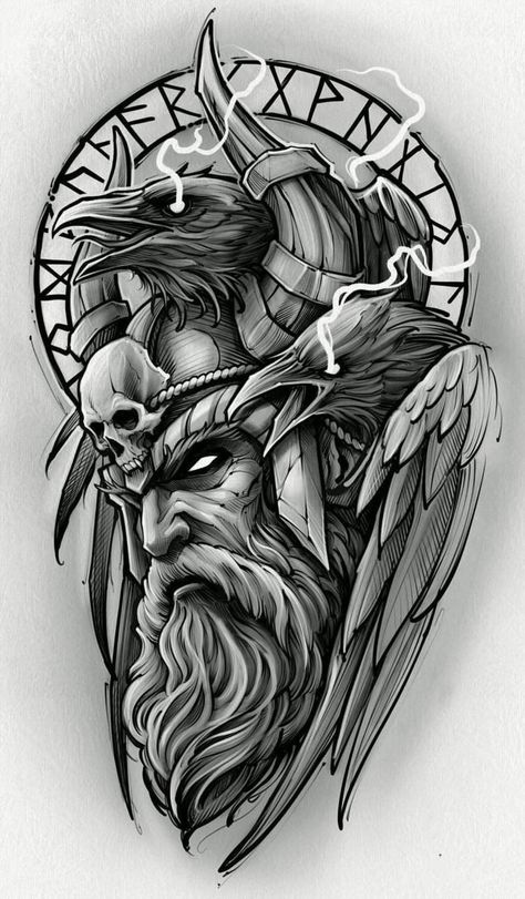 Side Tattoos For Men Ribs Design, Norse Mythology Drawing, Hades Tattoo Design, Zues Tattoo Mythology, Odin Tattoo Design, Odin Face, Odin Design, Tattoo Odin, Viking Drawings