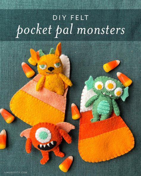 Felt Sewing Projects, Candy Corn Pattern, Felt Candy, Pocket Pals, Monster Pillows, Diy Monsters, Felt Monster, Pocket Pal, Tiny Treats