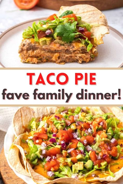 Taco pie includes your favorite taco fillings with a corn tortilla crust. An easy Mexican-style dinner the whole family loves! Chicken Dorito Casserole, Taco Pie, Taco Fillings, Corn Tortilla, Easy Taco, Easy Mexican, Tex Mex Recipes, Dinner Plan, Mexican Style