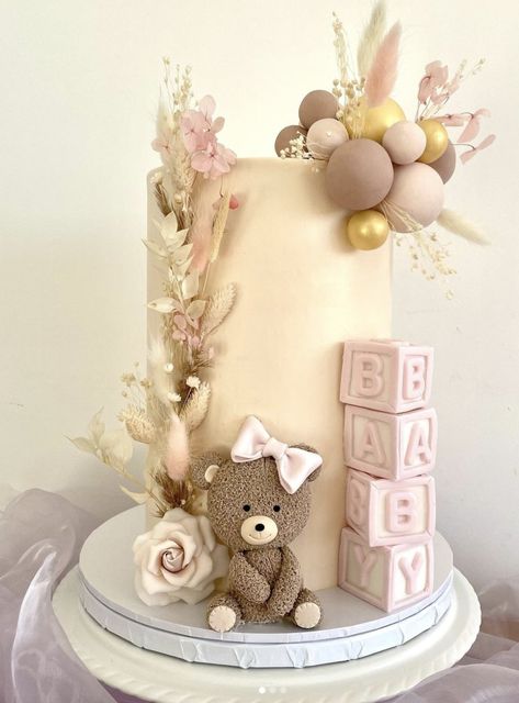 Pink, bear, floral, baby girl. We Can Barely Wait Cake Pink, Bear Baby Shower Cake Girl, Girl Bear Baby Shower Theme, Pink Bear Baby Shower Theme, Pink Teddy Bear Baby Shower Ideas, Teddy Bear Baby Shower Theme Girl, Bear Baby Shower Theme Girl, Baby Shower Bear Cake, Baby Girl Shower Cakes