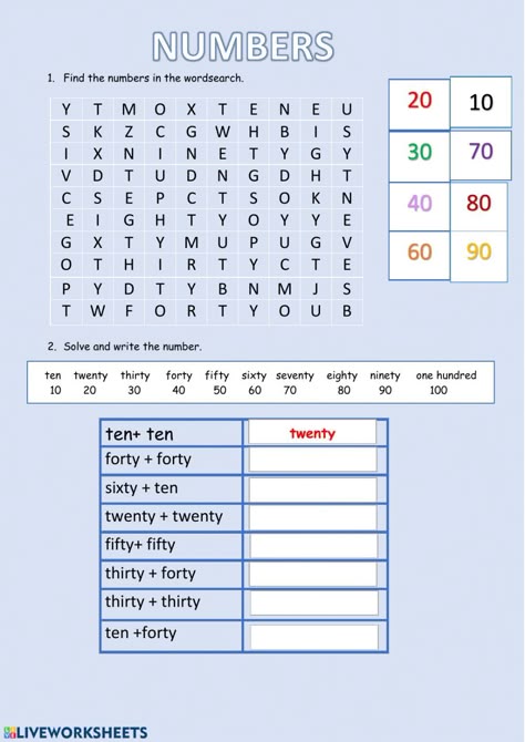 Numbers 10-100 - Interactive worksheet Numbers 1 100 Worksheet, Worksheet Numbers, Number Words Worksheets, Number Worksheet, Creative Worksheets, Numbers 1 100, Numbers Worksheet, Numbers Worksheets, English For Beginners