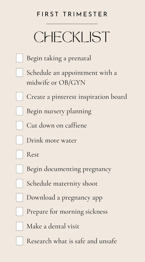 You're pregnant! Now what..? Here is a helpful checklist for your first trimester that you can follow.  Expecting new mom, first trimester, pregnancy First Trimester Pregnancy Checklist, First Trimester Shopping List, Pregnant First Trimester, What To Eat First Trimester Pregnancy, Pregnancy Essentials First Trimester, Pregnancy First Trimester Tips, Holistic Pregnancy First Trimester, What To Do Before Getting Pregnant, First Trimester Checklist