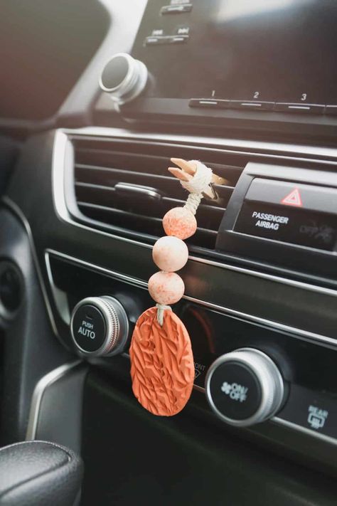 Diffusing essential oils in the car Diy Passive Diffuser, Macrame Essential Oil Car Diffuser Diy, Macrame Car Air Freshener Diy, Air Dry Clay Essential Oil Diffuser, Macrame Car Diffuser Diy, Car Diffuser Blends, Passive Diffuser, Simple Ceramics, Diy Oil Diffuser