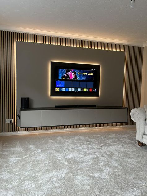 Media Wall & Cinema Forum & Fires | Simple but effective. | Facebook Hall Tv Unit Design Simple, Tv Lobby Designs, Tv With Wall Paneling, Designs For Tv Walls, Media Wall With Window On One Side, Media Wall Simple, Flat Media Wall, Media Wall No Fire, Simple Media Wall Ideas