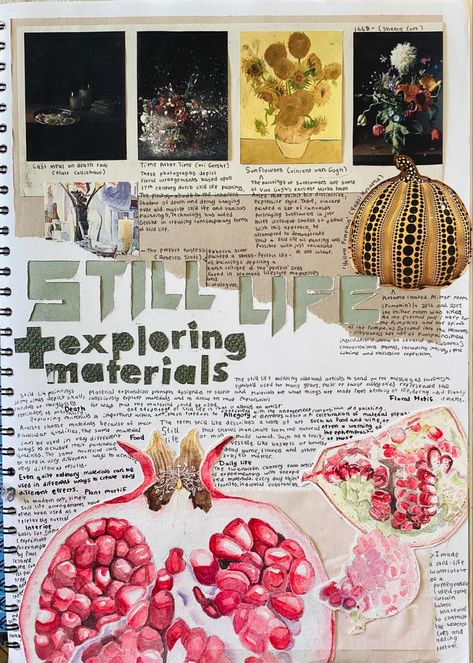 Visual Art Portfolio Layout, Still Life Gcse Sketchbook, Still Life Sketchbook Pages, A Level Graphics Sketchbook Layout, A Level Art Sketchbook Nature, Artist Introduction Layout, A Level Art Sketchbook Backgrounds, Gcse Art Book Layout Ideas, Visual Art Diary Inspiration