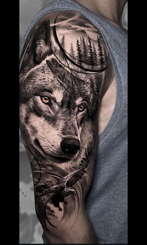 Wolf Girl Tattoos, Forest Tattoo Sleeve, Lone Wolf Tattoo, Wolf Sleeve, Wolf Tattoos For Women, Deer Skull Tattoos, Strong Tattoos, Wolf Tattoos Men, Forest Tattoo