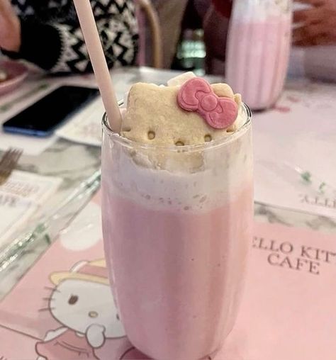 ,🎀…,:’:, 　　,\’ ・ω・ ‘:/,　 　　;:　　　 　:; 　��　゛’ー—‐’” Hello Kitty Drink, Kitty Drink, Hello Kitty And Her Friends, Kitty Cafe, Charmmy Kitty, Kawaii Cooking, Cute Snacks, Pink Foods, Pretty Drinks