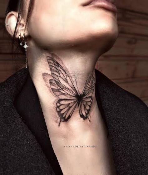 Flowers Neck Tattoo, Realistic Butterfly Tattoo, Butterfly Neck Tattoo, Butterfly With Flowers, Black Butterfly Tattoo, Monarch Butterfly Tattoo, Butterfly Tattoo Stencil, Unique Butterfly Tattoos, Butterfly Wrist Tattoo