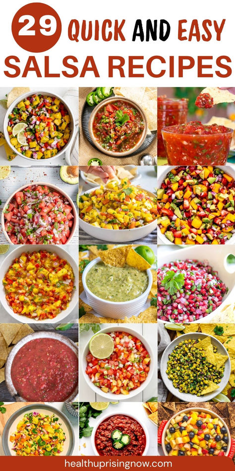 A brightly colored collection of gluten free salsa recipes Easy Salsa Recipe With Fresh Tomatoes For Canning, Gluten Free Salsa Recipes, Different Salsa Recipes, Salsa Recipe Spicy, Salsa Recipes Homemade, Best Fresh Salsa Recipe, Recipes With Salsa, Fresh Salsa Recipes, Best Salsa Recipe Ever