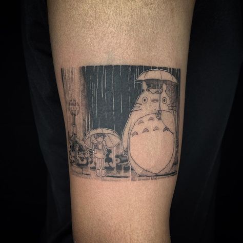 Studio Ghibli Panel Tattoo, Totoro Tattoos, Anime Panel Tattoo, Panel Tattoos, My Neighbor Totoro Tattoo, Scene Tattoos, Anime Tattoo Artist, Totoro Tattoo, Ghibli Tattoos