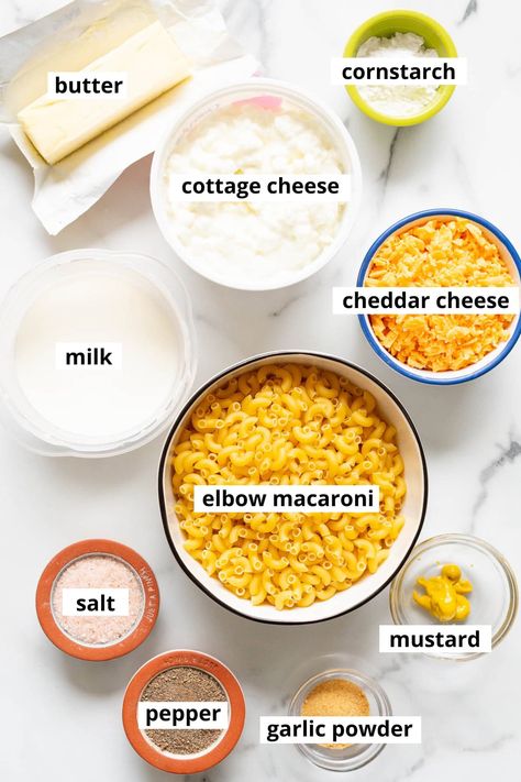 High Protein Cottage Cheese Mac and Cheese - iFoodReal.com High Protein Macaroni And Cheese, Cottage Cheese Mac And Cheese Sauce, Meals Using Cottage Cheese, Protein Mac And Cheese Recipe, Clean Eating Mac And Cheese, Cottage Cheese Mac N Cheese, High Protein Mac N Cheese, Protein Mac N Cheese, Easy Healthy Mac And Cheese