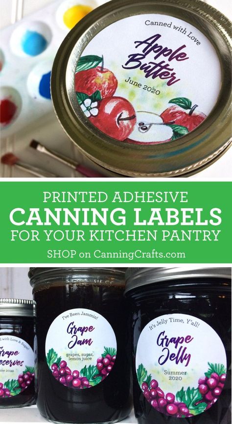 Custom Watercolor Canning Labels come in a variety of fruit and vegetable options like apple, grape, tomato, strawberry, raspberry, and more | Labels  fit regular and wide mouth mason jar lids | Personalized printed jar labels have your custom text for jam, jelly, preserves, pie filling, pickles and more | Shop for more mason canning jar stickers on CanningCrafts.com | #canningcrafts #canning #foodpreservation #preserving #homecanning #masonjarlabels #masonjargifts #canninglabels  applebutter Free Canning Labels, Labels For Canning Jars, Peach Jam Labels Free Printable, Free Printable Canning Labels Mason Jars, Maple Syrup Labels, Blueberry Jelly, Jam Jar Labels, Canning Apples, Mason Jar Stickers