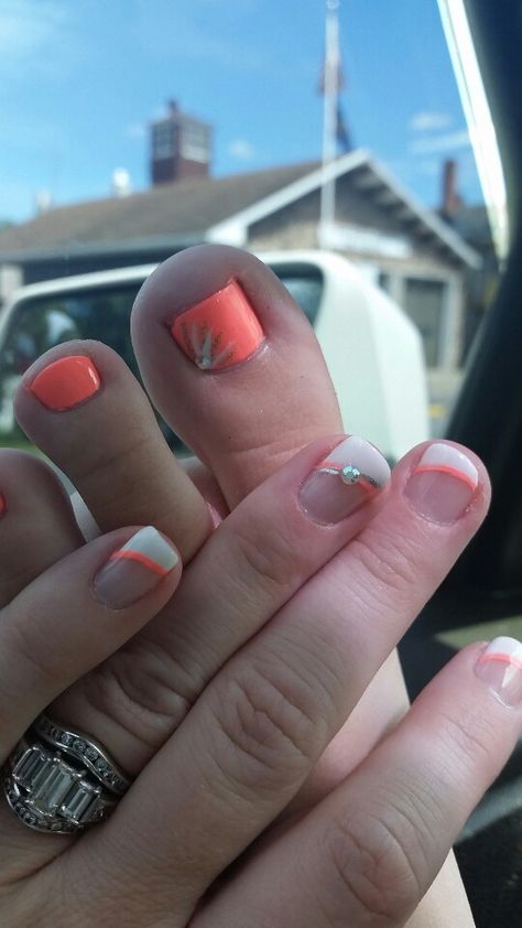 Summer  mani pedi with french manicure with orange/ coral :-) Vacation Mani Pedi, Nails Art Summer, French Manicure Gel, Summer French Nails, Summer Nails Diy, Gel Nails Long, Gel French Manicure, Summer Nails Beach, Summer Gel Nails