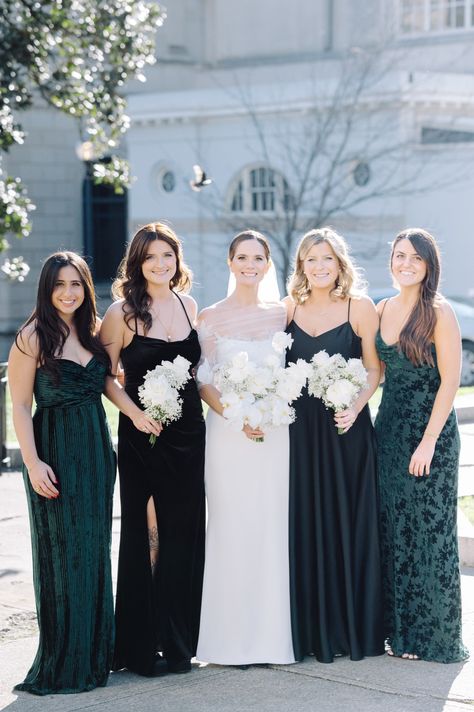 Emerald Green And Black Bridal Party, Mismatched Dark Bridesmaid Dresses, Black And Green Bridesmaid Dresses, Mixed Fabric Bridesmaid Dresses, Dark Green Bridal Party, Black And Emerald Green Wedding, Black Bridal Party, Dark Green Bridesmaid Dress, Pastel Bridesmaid Dresses