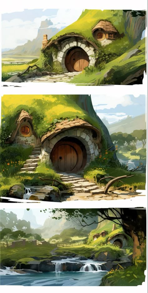 Rustic House Concept Art, Cottage House Concept Art, The Hobbit Concept Art, Hobbit House Illustration, Hobbit House Concept Art, Hobbit House Art, Small House Concept Art, Hobbit Character Art, Hobbits Aesthetic