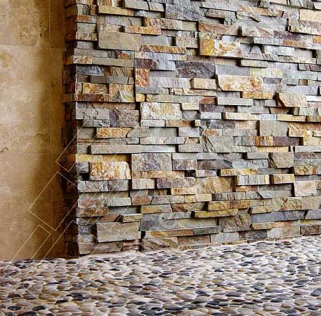 Ochre Shower Stone Walls in Charlotte Residence Stone Shower Walls, Stacked Stone Veneer, Stone Veneer Panels, Rock Panel, Faux Granite, Stone Shower, Shower Wall Panels, Veneer Panels, Neutral Paint Color