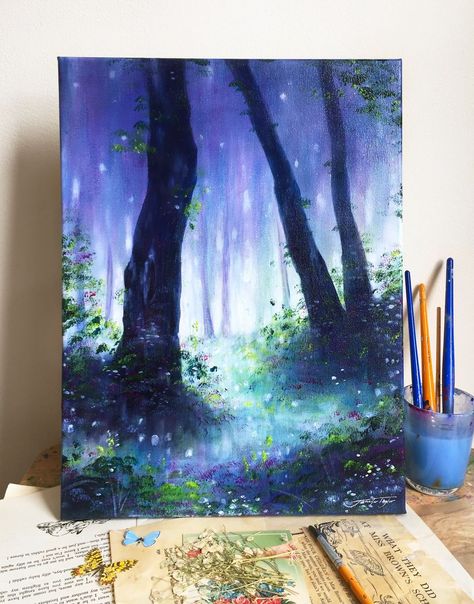 Acrylic Painting Canvas Easy, Imaginary Painting, Painting Canvas Easy, Woodland Painting, Colourful Palette, Enchanting Forest, Easy Canvas Art, Forest Painting, Fantasy Paintings