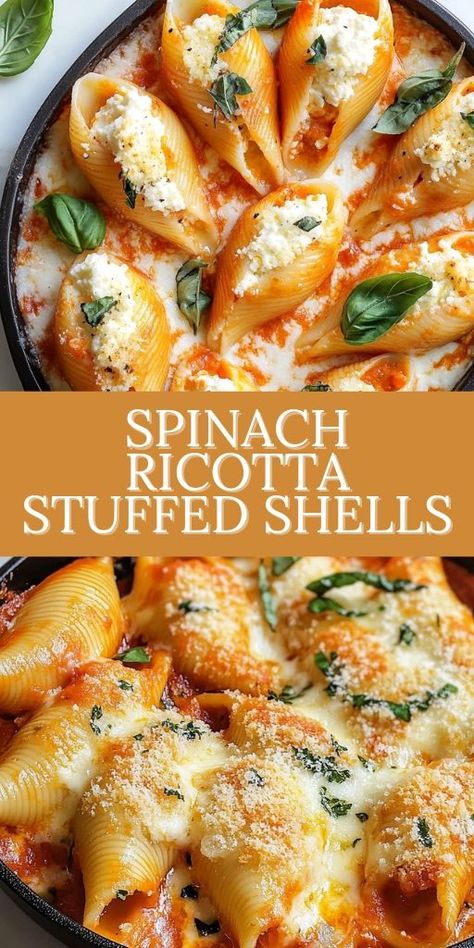 🧀 Craving a cheesy, hearty meal? Try this Cheesy Spinach and Ricotta Stuffed Shells Recipe! Perfectly baked pasta shells filled with creamy ricotta and spinach, all topped with a generous amount of marinara and melted cheese. Ideal for weeknight dinners or weekend gatherings! Make your meatless meals memorable with this easy Italian-inspired recipe. #CheesyPasta #StuffedShells #VegetarianDinner 🍅 #EasyRecipe #DinnerInspo #FamilyFavorite #BakedPasta #ItalianFood Baked Pasta Shells, Spinach Ricotta Stuffed Shells, Spinach And Ricotta Stuffed Shells, Baked Stuffed Shells, Easy Stuffed Shells, Spinach Ricotta Pasta, Ricotta Stuffed Shells, Shell Pasta Recipes, Spinach Stuffed Shells