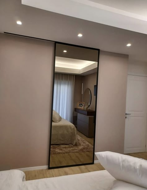 Walk In Closet Slide Door, Mirror Slide Door, Mirror Sliding Door, Sliding Mirror Door, Closet Mirror, Mirror Closet Doors, Home Hall Design, Apartment Makeover, Hidden Rooms