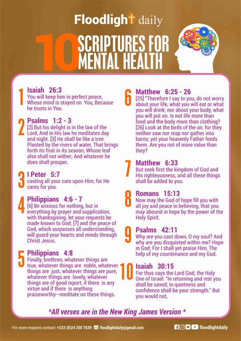 As the world celebrates the International Day for Mental Health, we share with you ten Scriptures that would fill your mind with peace as you meditate on them. A blessed week to you from Floodlightdaily. Scripture For Mental Healing, Bible Scriptures Mental Health, Prayer To Heal Mental Health, Scriptures For Mental Health, Health Scriptures, Fasting Prayers, Mental Health Plan, Biblical Meditation, Church Notes