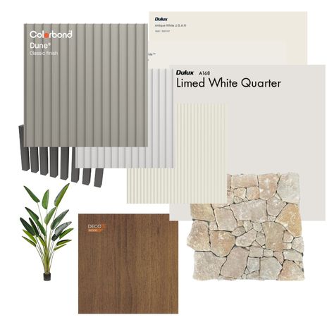 Modern Earthy Home Exterior, Organic Modern Exterior House, Landscape Mood Board, Surfmist Exterior, Exterior Mood Board, Style Sourcebook, Antique White Usa, Resort Interior Design, Exterior Color Palette