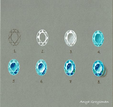 Gemstone Drawing Reference, How To Color Jewelry Drawing, How To Draw A Gemstone, How To Paint Gemstones, Jewel Drawing Tutorial, How To Draw Gems, How To Draw Jewelry, Drawing Gemstones, Gemstones Drawing