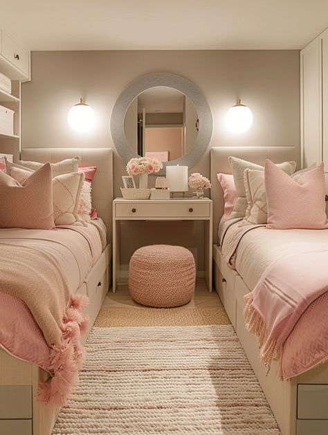 2 Bed In One Room, Small Shared Bedroom Ideas, 2 Bed In One Room Ideas, Sister Bedroom Ideas, Sisters Shared Room, Twin Bedroom Decor, Dorm Room Makeover, Small Room Girl, Small Shared Bedroom