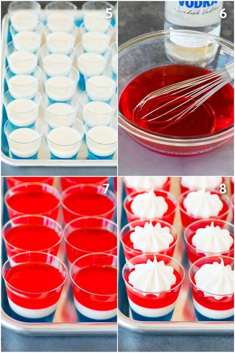 These red white and blue Jello shots are layers of cherry, condensed milk and berry gelatins, all topped with whipped cream and patriotic sprinkles. The perfect 4th of July offering! 4th Jello Shots, Baseball Jello Shots, White Jello Shots Recipes, 4th Of July Jello, Fourth Of July Jello Shots, Easy 4th Of July Jello Shots, 4th Of July Shots Jello, Fourth Of July Jello, 4th Of July Jello Shots