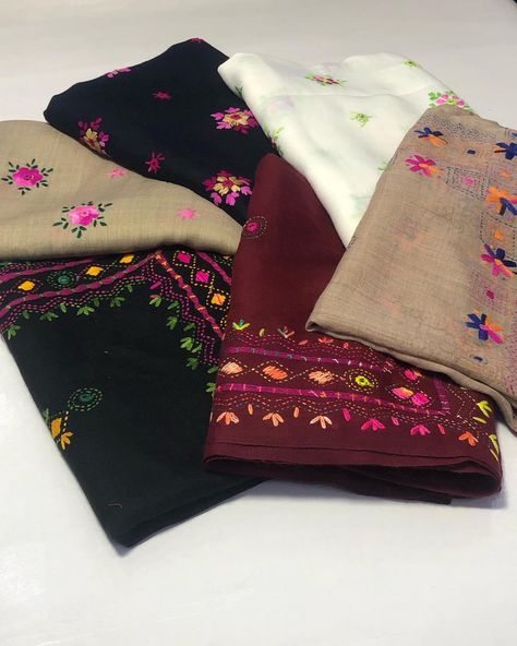 *Pashmina Shawl* *Traditional Multani Hand Embroidered Shawl With Mirror Work* *Excellent Quality Pashmina* *5 Colors Available* *Light Weight Pashmina Shawl* *Standard Size Shawl* *2.5 Yard Length* *1.5 Yard Width* *Price 2200* * with free home delivery * Shawl Embroidery Design, Shawls Design, Shawl Embroidery, Katha Stitch, Embroidered Shawl, Abstract Embroidery, Fashion Design Patterns, Geometric Embroidery, Embroidery Gifts