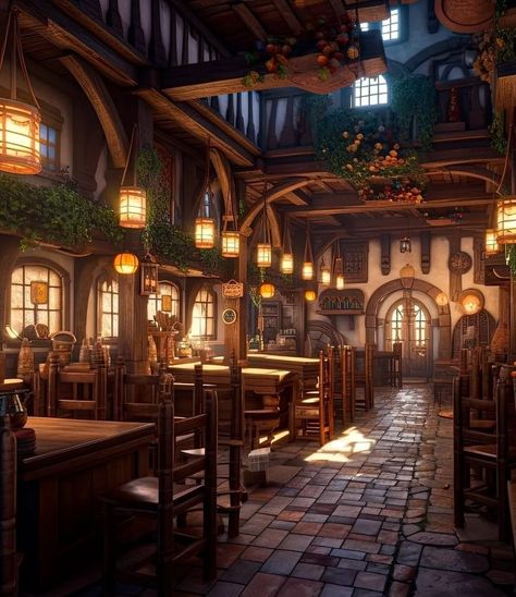 Fantasy Pub Concept Art, Fantasy Medieval Tavern, Victorian Tavern, Medieval Moodboard, Fantasy Pub, Dnd Village, Dnd Shop, Taverna Medieval, Fantasy Inn