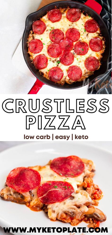 If you're craving pizza, try this crustless pizza that's quick and easy to make. It's the ultimate low-carb comfort food—ready in just 20 minutes with no crust involved. This skillet pizza is naturally low in carbs, packed with protein, and topped with cheese, tomato sauce, and pepperoni slices. Perfect for a quick and delicious pizza night! Crustless Pizza Bake, Keto 2023, Pizza Bowls, Low Carb Comfort Food, Pescatarian Meals, Crustless Pizza, Healthy Low Fat Recipes, Keto Casseroles, Pizza Ideas