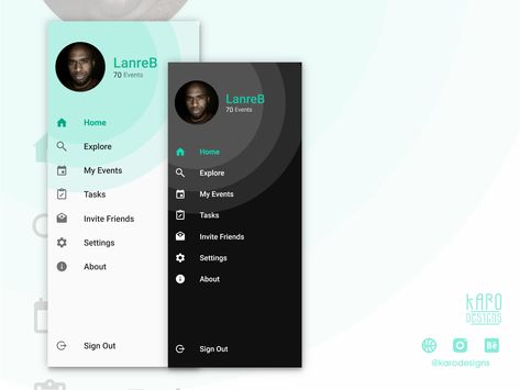 Side Drawer Navigation by Karo Side Menu Ui Design, Ux Tips, Profile Website, App Design Layout, Android App Design, Ui Design Trends, Mobile Application Design, Android Design, Navigation Design