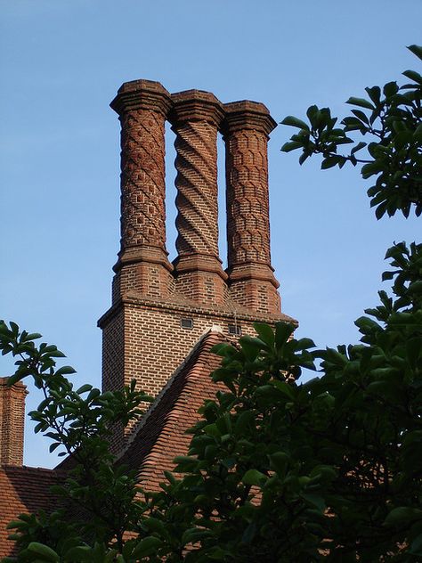 Brick chimneys on a castle in Germany Industrial Chimney Architecture, Medieval Chimney, Midevil Castle, Victorian Chimney Sweep, Brick Structures Architecture, Poolbeg Chimneys, Chimney Design, Mountain Cottage, Brick Chimney